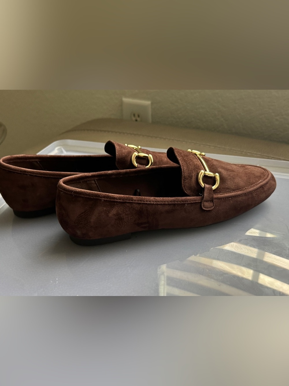 Tahari Brown Suede Moccasin Loafers with Gold Bit
